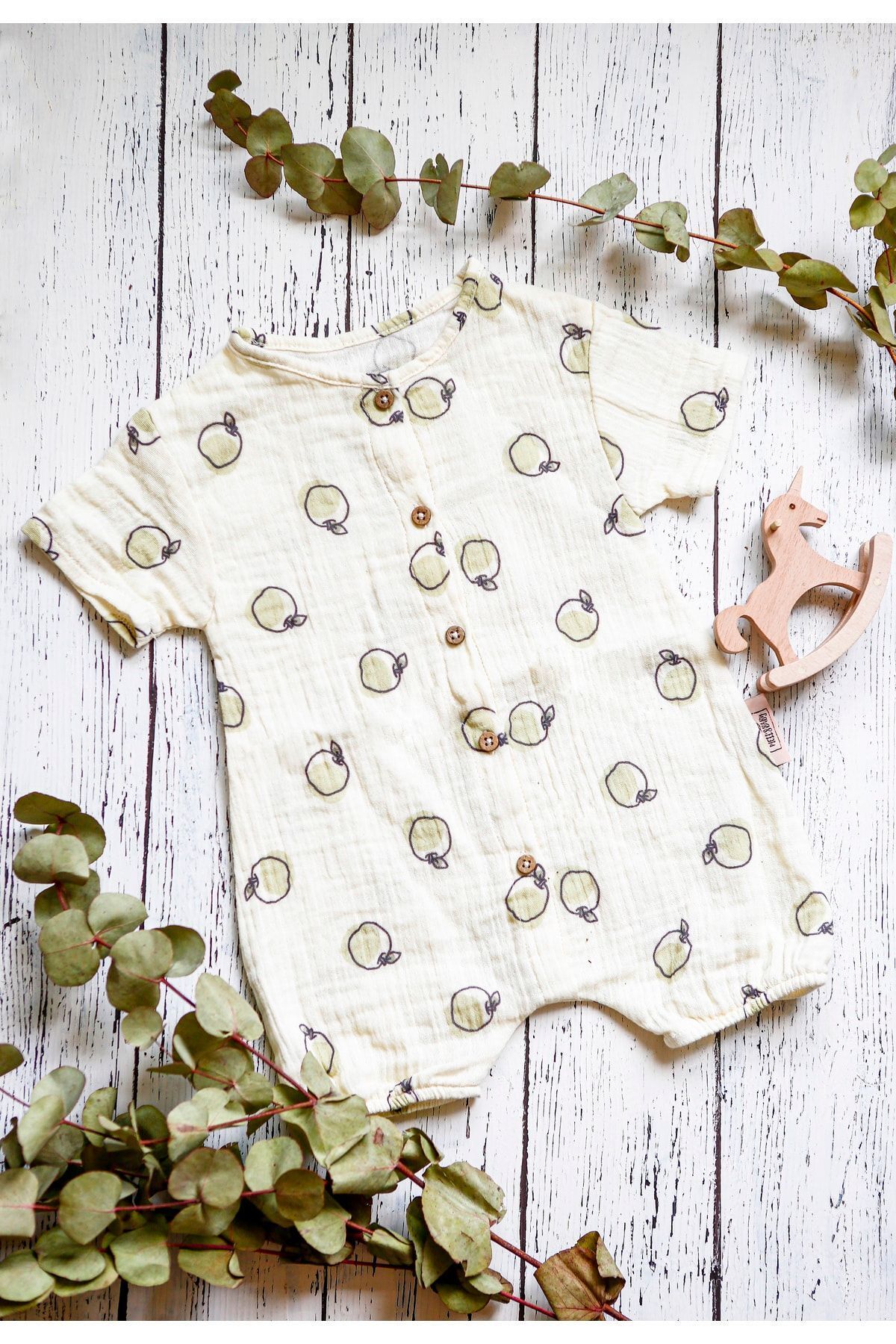 MELLS BABY Organik %100 Pamuk Elma Desenli Müslin Bebek Çocuk Tulumu fotoğrafı 7 (önizleme)