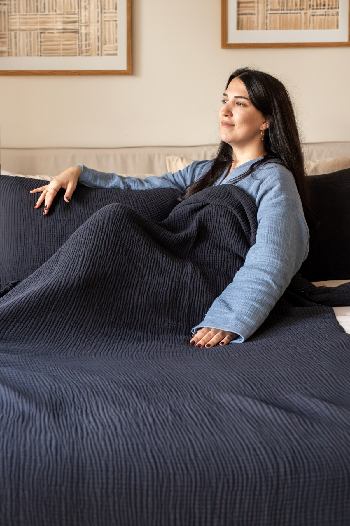 vivamaison Tek Kişilik Pike Yatak Örtüsü 4 Kat Muslin Pamuklu Çift Taraflı Siyah 160x240 Cm