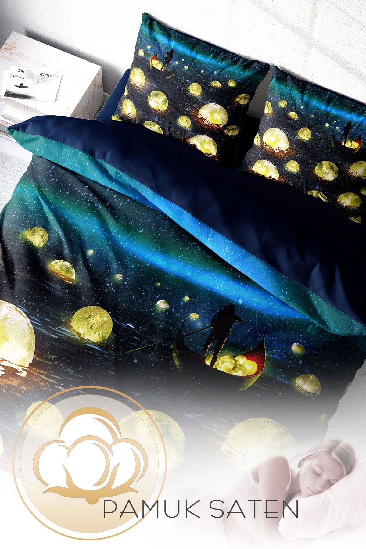 PerlaSera-Moon River 3D Custom Design - Σετ Παπλωματοθήκη Διπλό, Πυκνό Βαμβακερό Σατέν 4