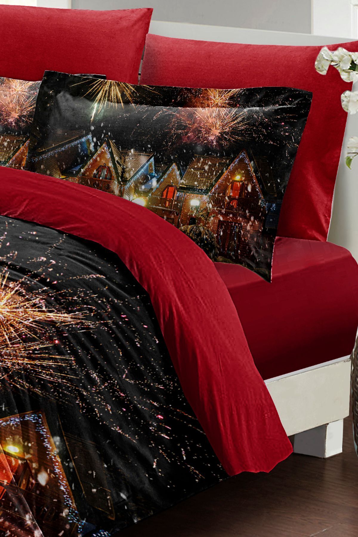 MonoHome-New Year Duvet Cover Set Double 100% Cotton Satin Nights Houses 4