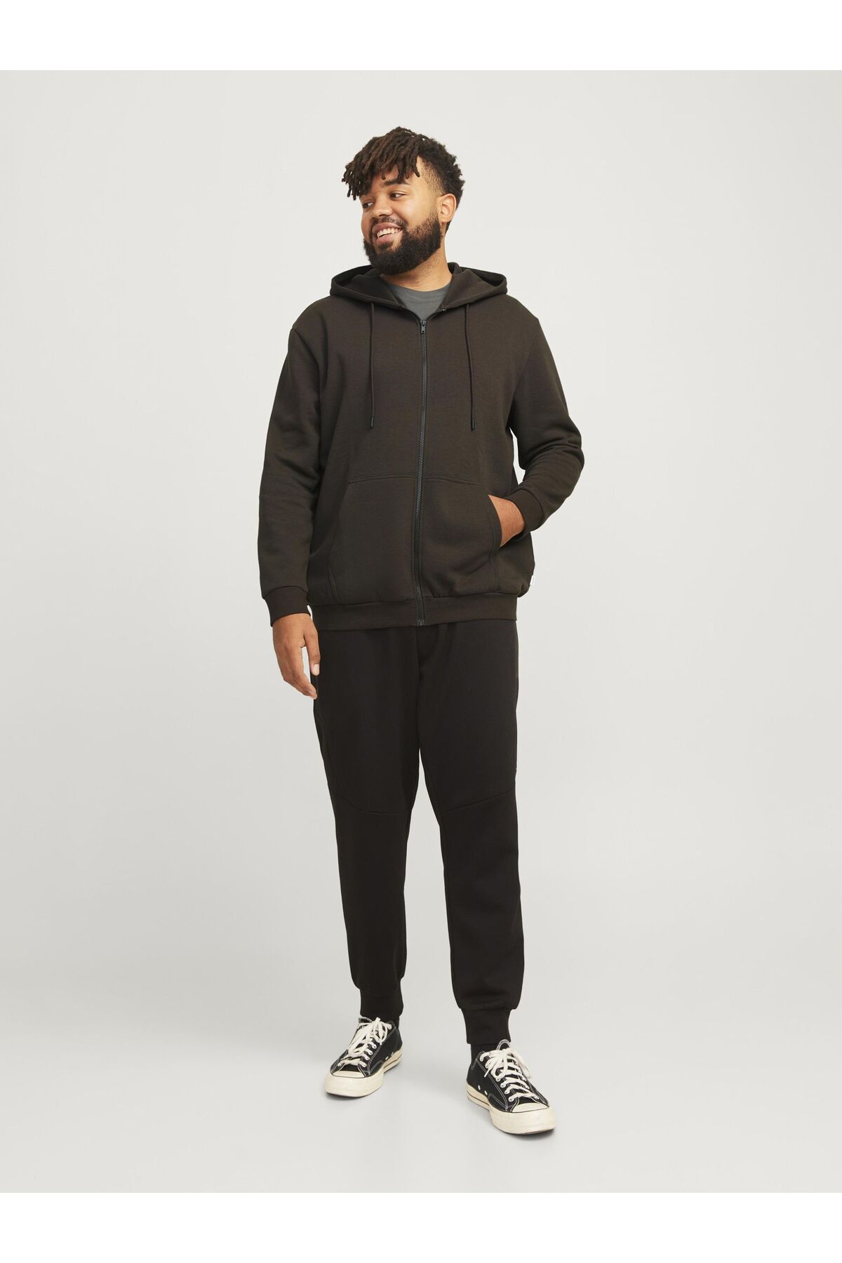 Jack & Jones Plus Reißverschluss ile Kapuzenpullover Reißverschluss ile Büyük Beden Einfarbig Kapuzenpullover görsel 4
