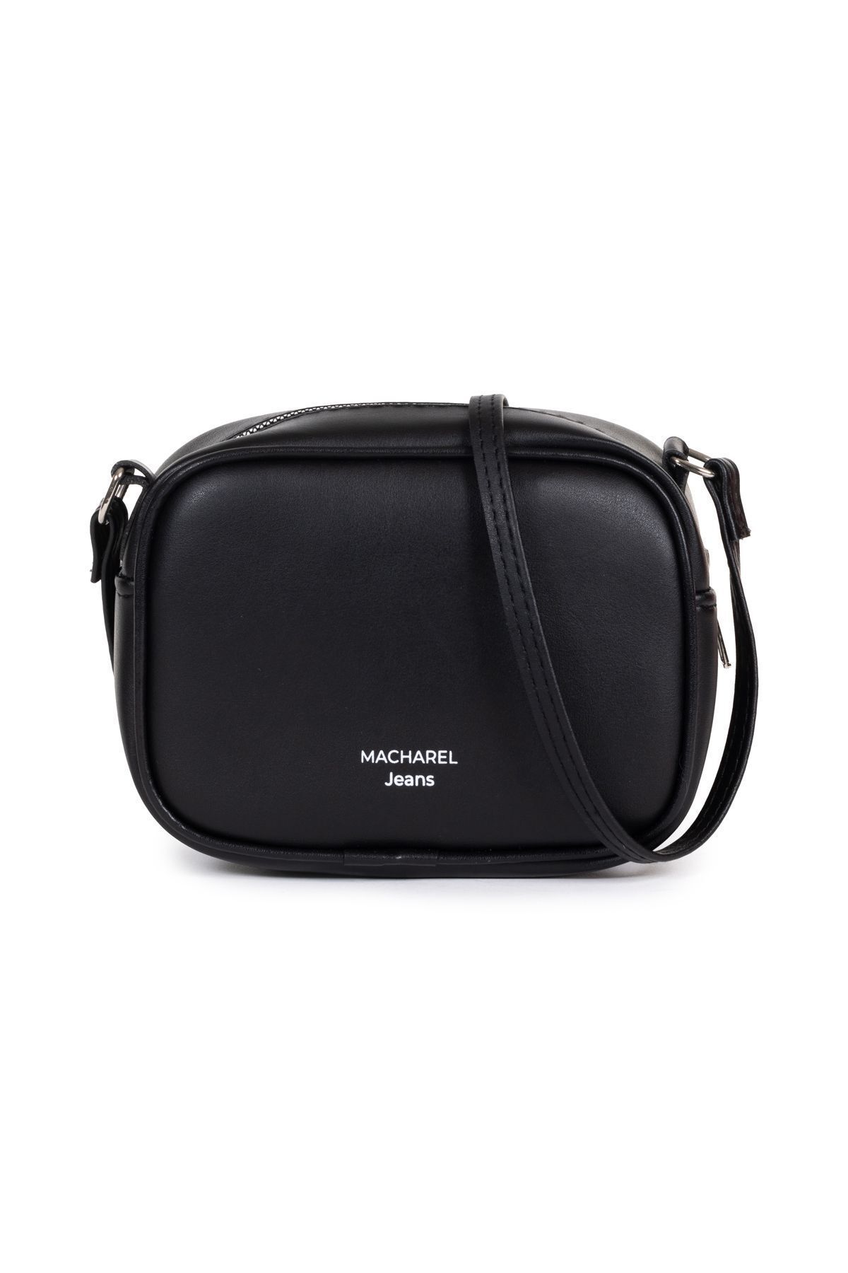sac à bandoulière noir élégant avec bandoulière réglable et logo de la marque de la femme
