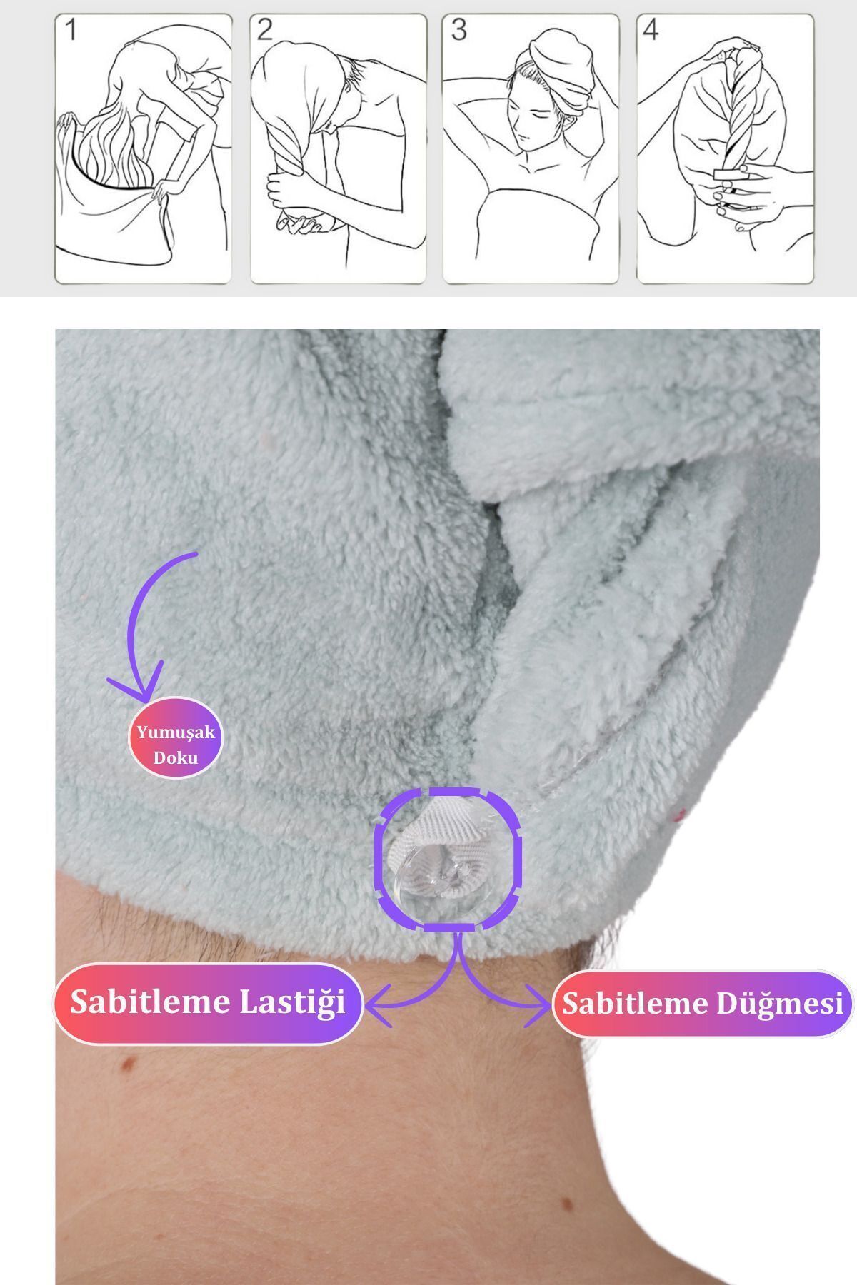 Soft Saç Bandı Bileklik Makyaj Uygulama Seti ve Mikrofiber Saç Kurulama Havlusu Mint 6