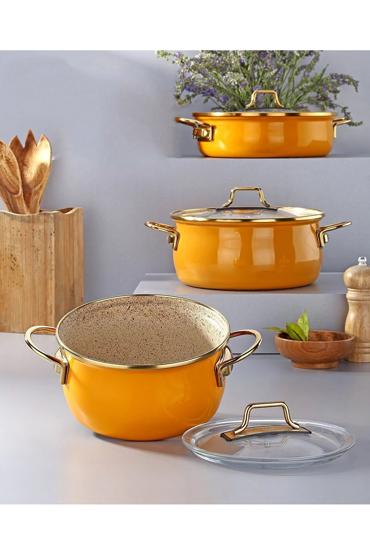 Bonera 6 Piece Vintage Enamel Casserole Pot Set - Mustard Yellow