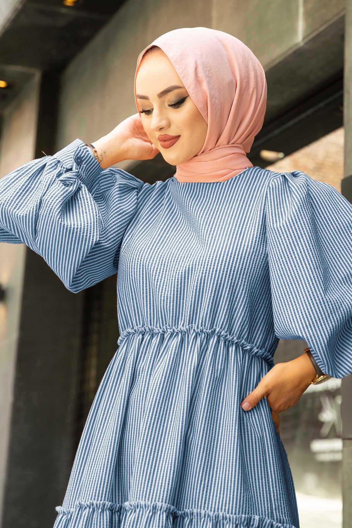 HARMONY GLOBAL-Indigo Blue Sue ριγέ φόρεμα με πλισέ Seersucker Muslin ύφασμα Hijab 3025 6