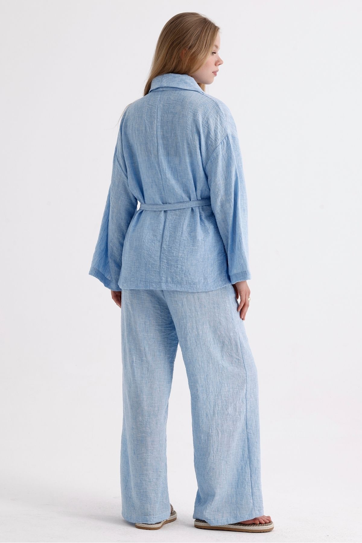 MD trend-Linen Suit - Spanish Sleeve, Belted Jacket and Lace-up Palazzo Trousers 7