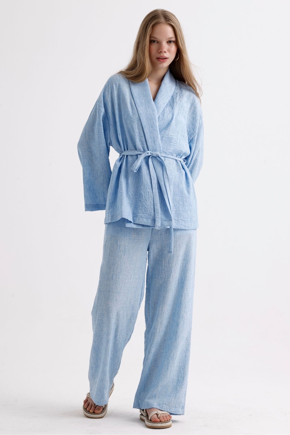MD trend-Linen Suit - Spanish Sleeve, Belted Jacket and Lace-up Palazzo Trousers 5