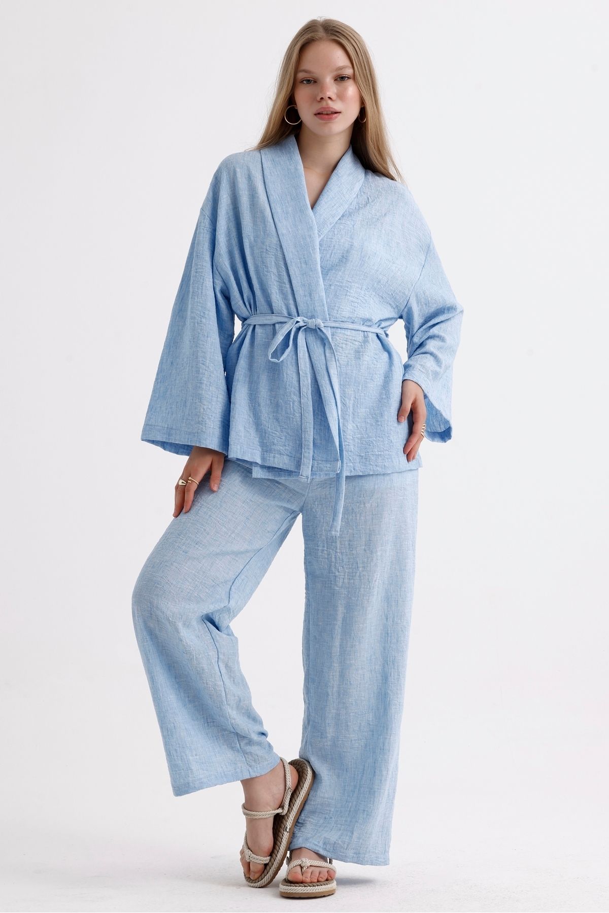 MD trend-Linen Suit - Spanish Sleeve, Belted Jacket and Lace-up Palazzo Trousers 2