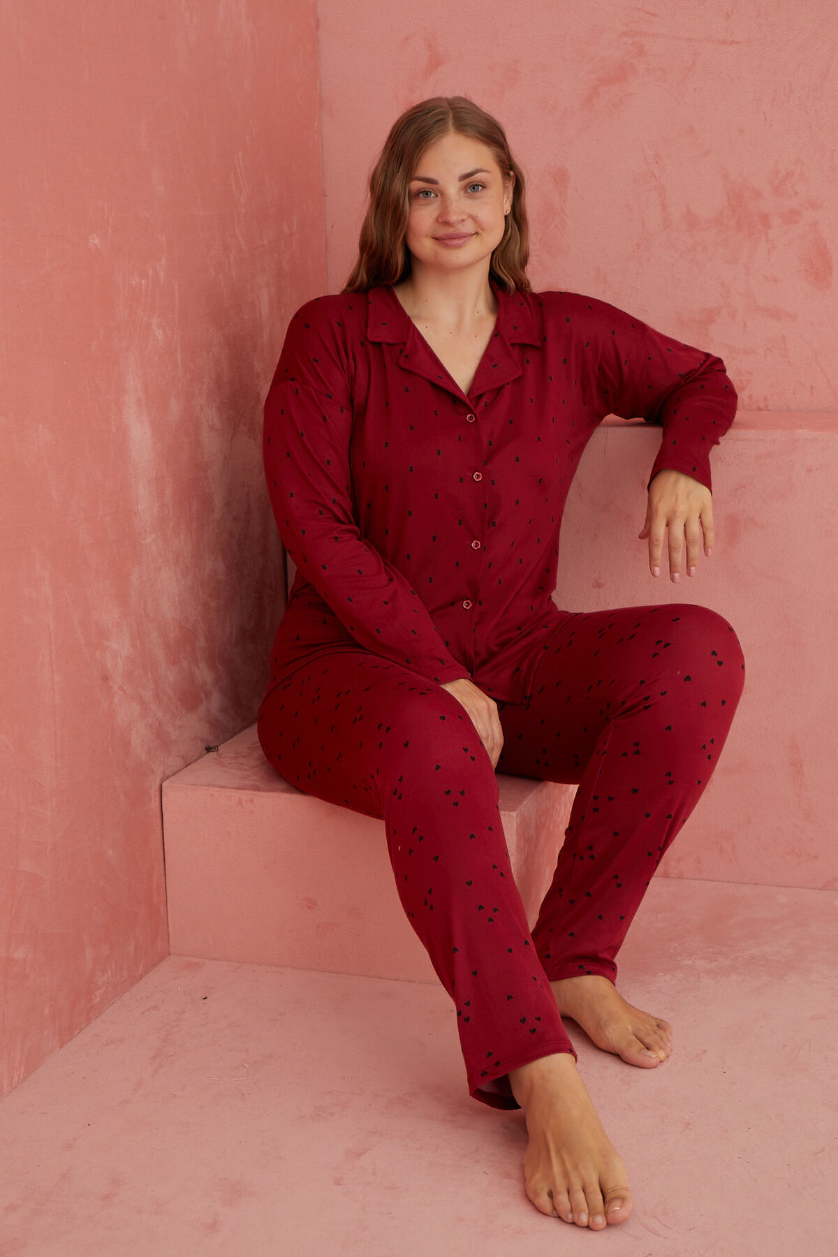 Bordo Noktalı Desenli Bambu Önden Düğmeli Uzun Kol Pijama Takımı