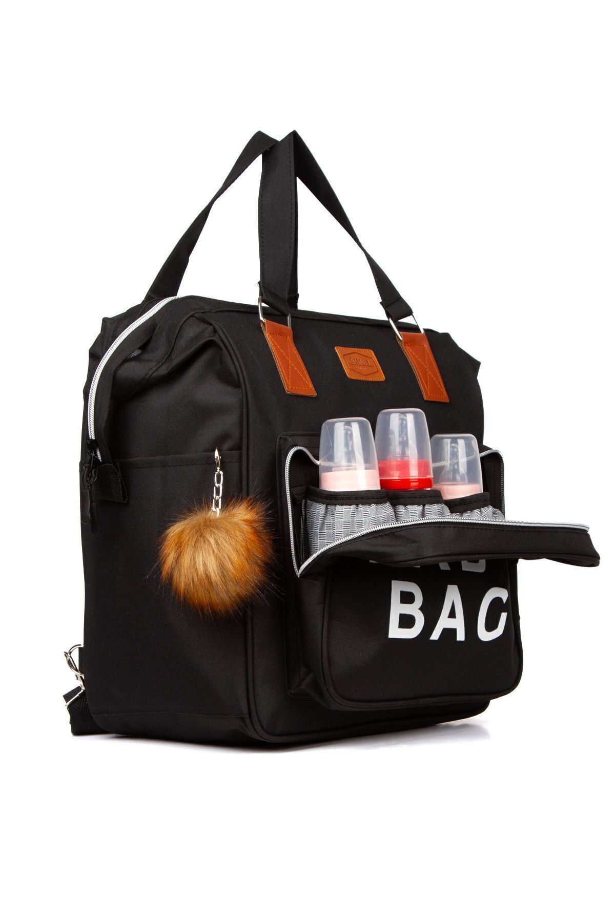 Halk Sepeti Anne Bebek Bakım Sırt Çantası Baby Bag 3 Termal Göz Puset Askılı Ponponlu Su Geçirmez Omuz Çantası fotoğrafı 2 (önizleme)