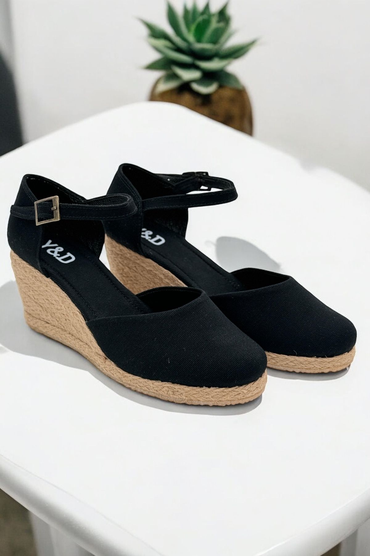Y&D Shoes Dolgu Topuk Düz Keten Sandalet Espardil