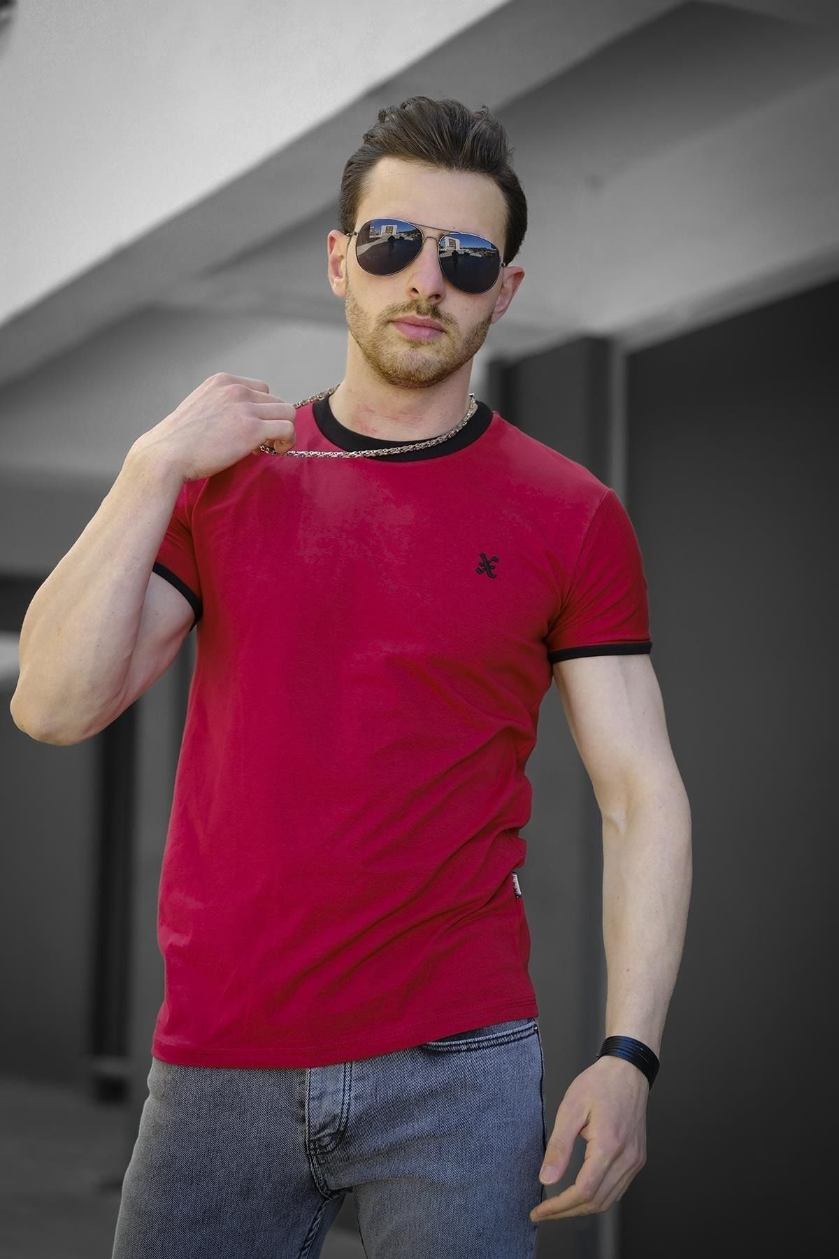 Oksit-Riad Slim Fit Lycra Men's Tshirt with Embroidery Detail and Piping on the Collar 2