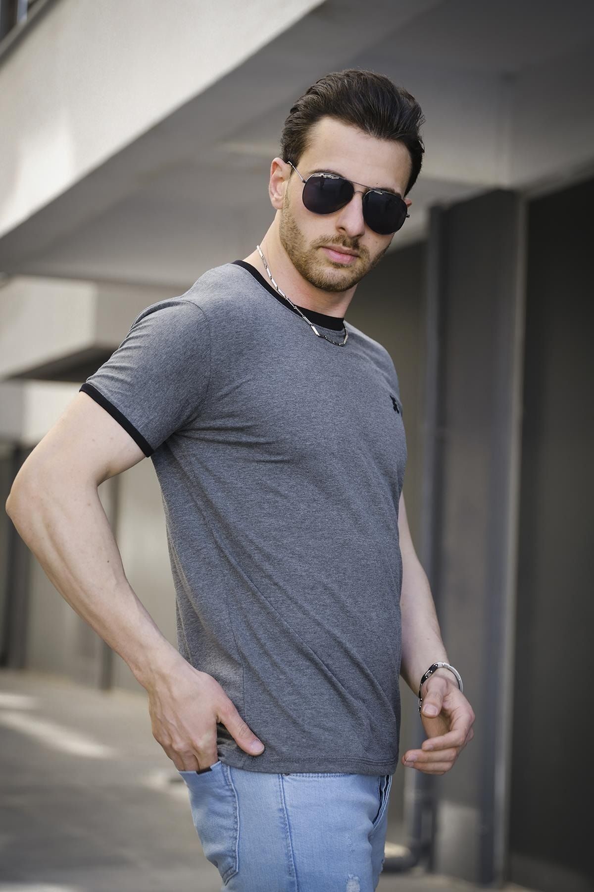 Oksit-Riad Slim Fit Lycra Men's Tshirt with Embroidery Detail and Piping on the Collar 2