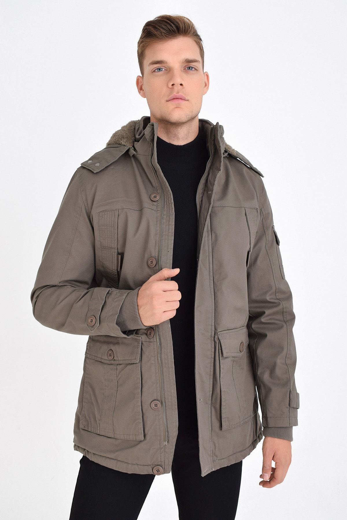DYNAMO-Men's Dark Beige Waterproof Coated Faux Fur Lined Thick Coat 3