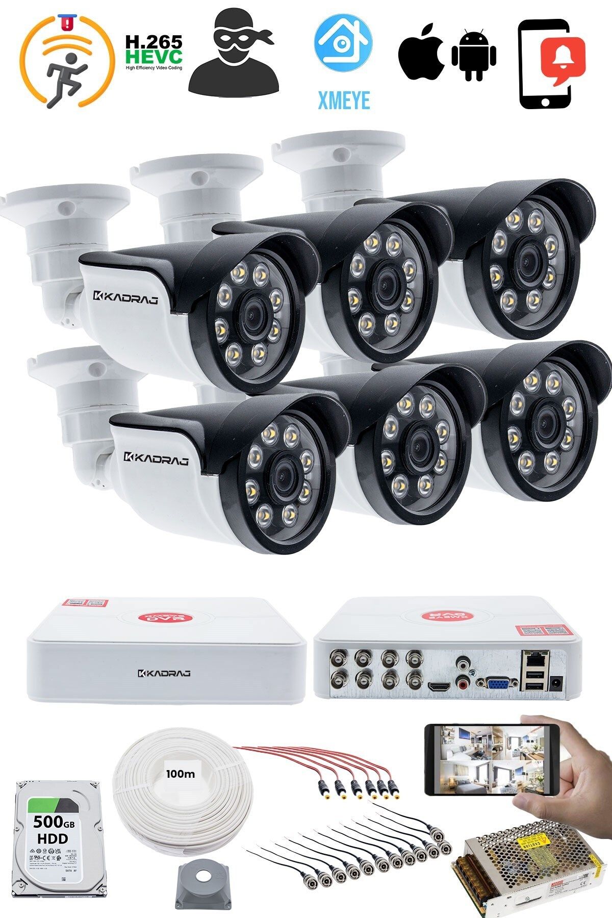 6'LI KAMERALI GÜVENLİK KAMERASI SETİ - 5MP Sony SecuLensli 1080p AHD, 8 Warm LED, Colorvu Gece Renkl