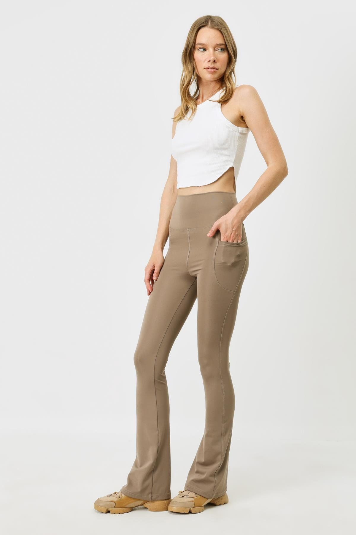 C&City Legginsy Sportowe Z Wysokim Stanem I Kieszeniami, Długie, Hiszpańskie, 9405 - Brązowe Kobieta - 2XL