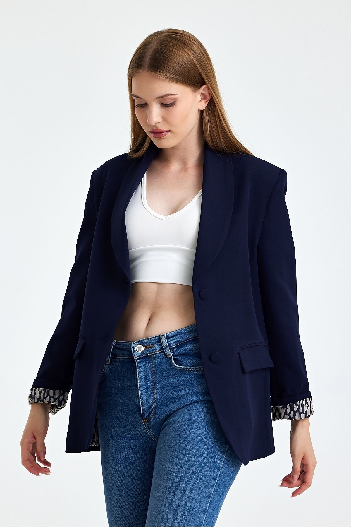 Safari-Navy Blue Oversize Lining Detailed Blazer Jacket 3