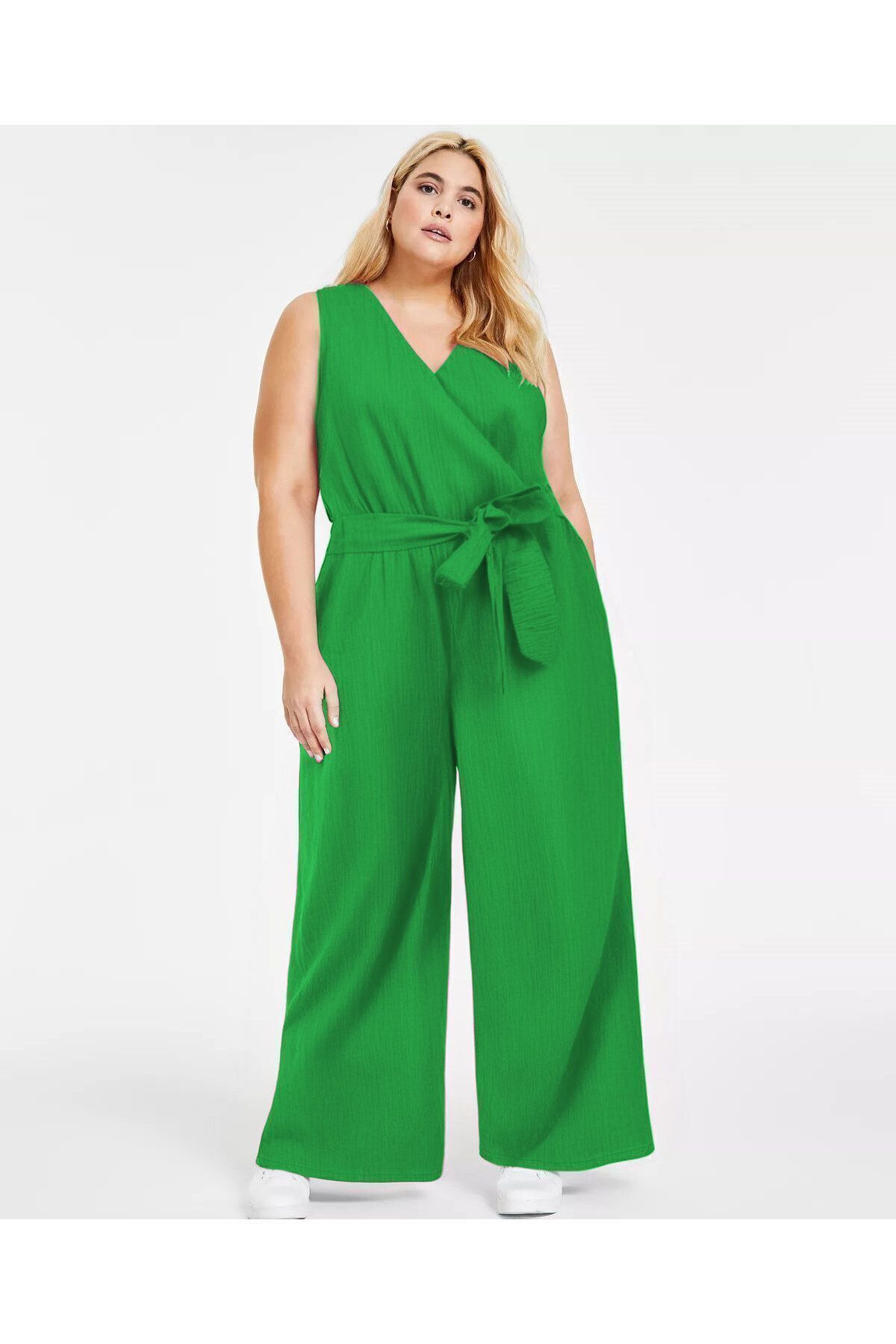 GREEN PLUS SIZE WRAPAROUND LONG JUMPSUIT