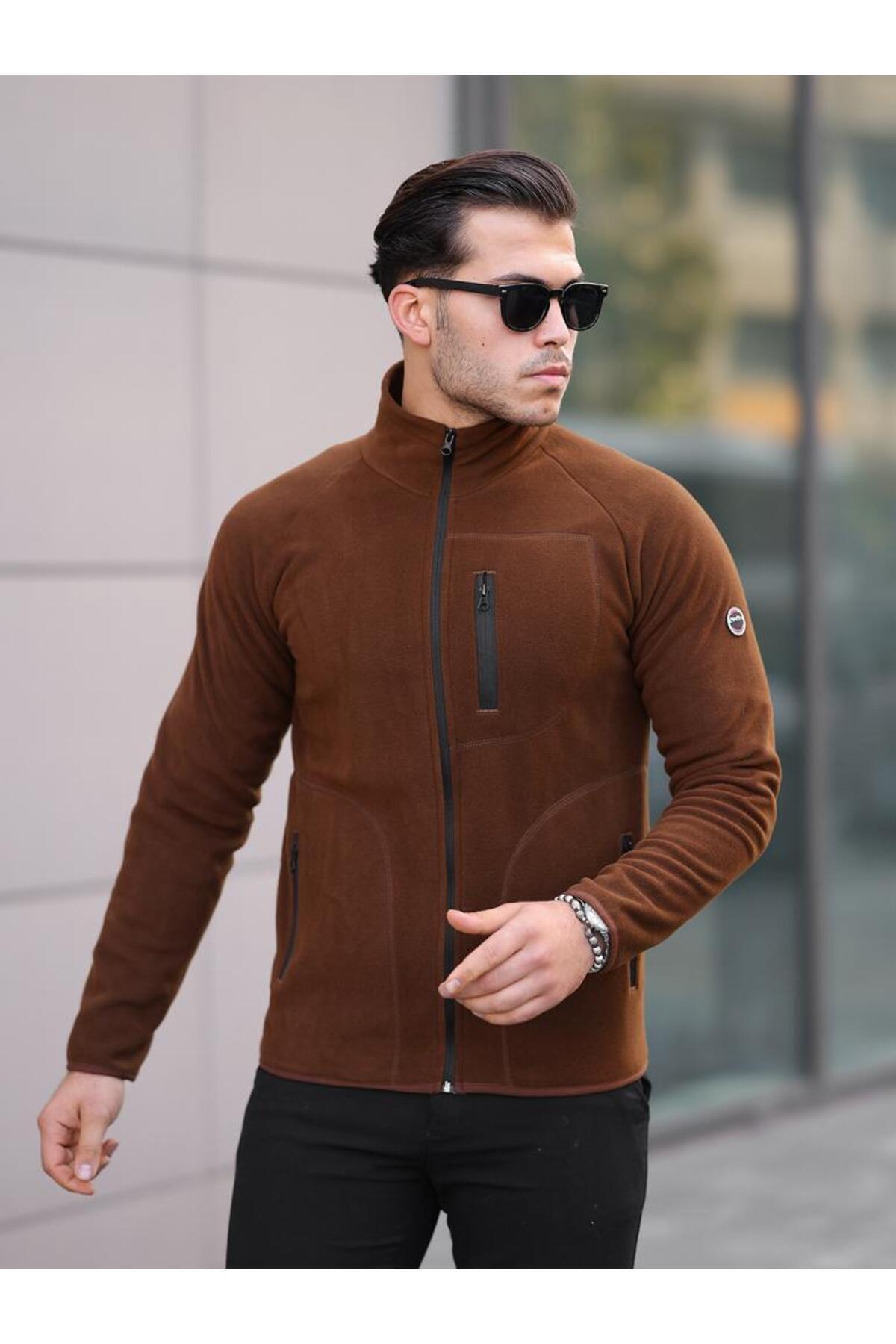 Erkek şardonlu kışlık polar hırka — قهوه‌ای 6055-3