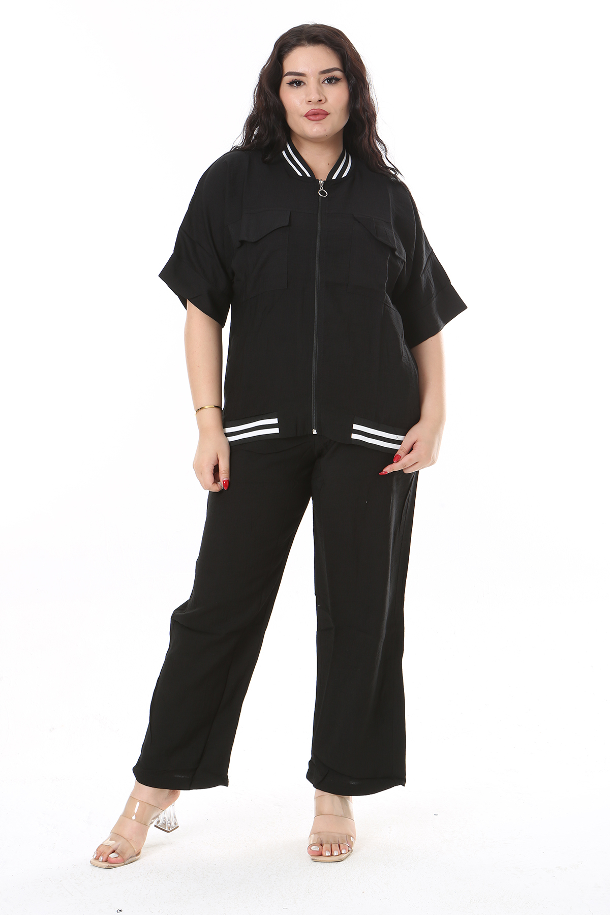 Women's Plus Size Black Front Zippered Pocket And Ribbed Blouse Pants 2pcs Set 65N38192