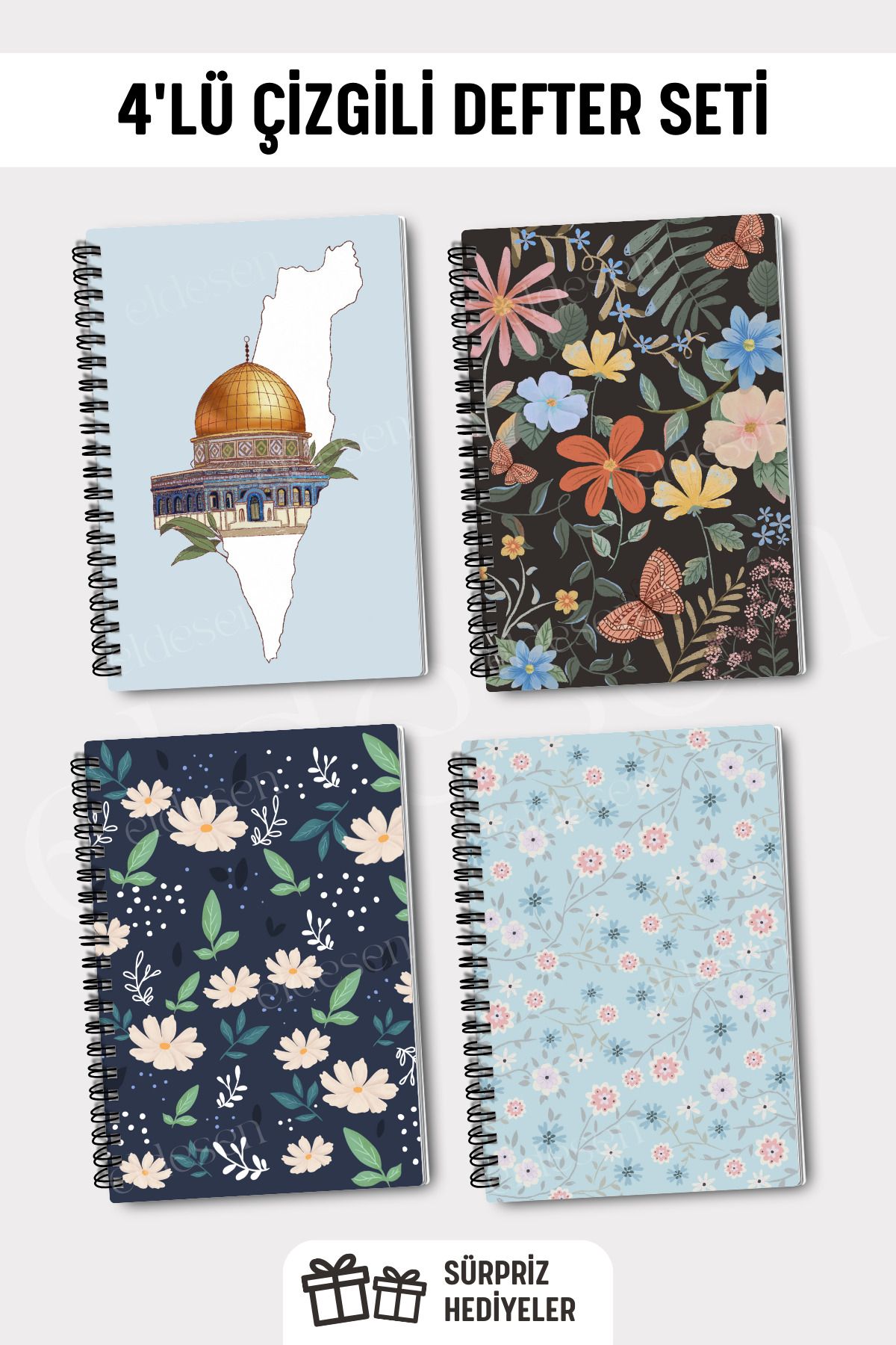 Eldesen Tasarım-A5 Size Set of 4 - Spiraled Lined School Notebook, 50 Sheets and 100 Sheets 1