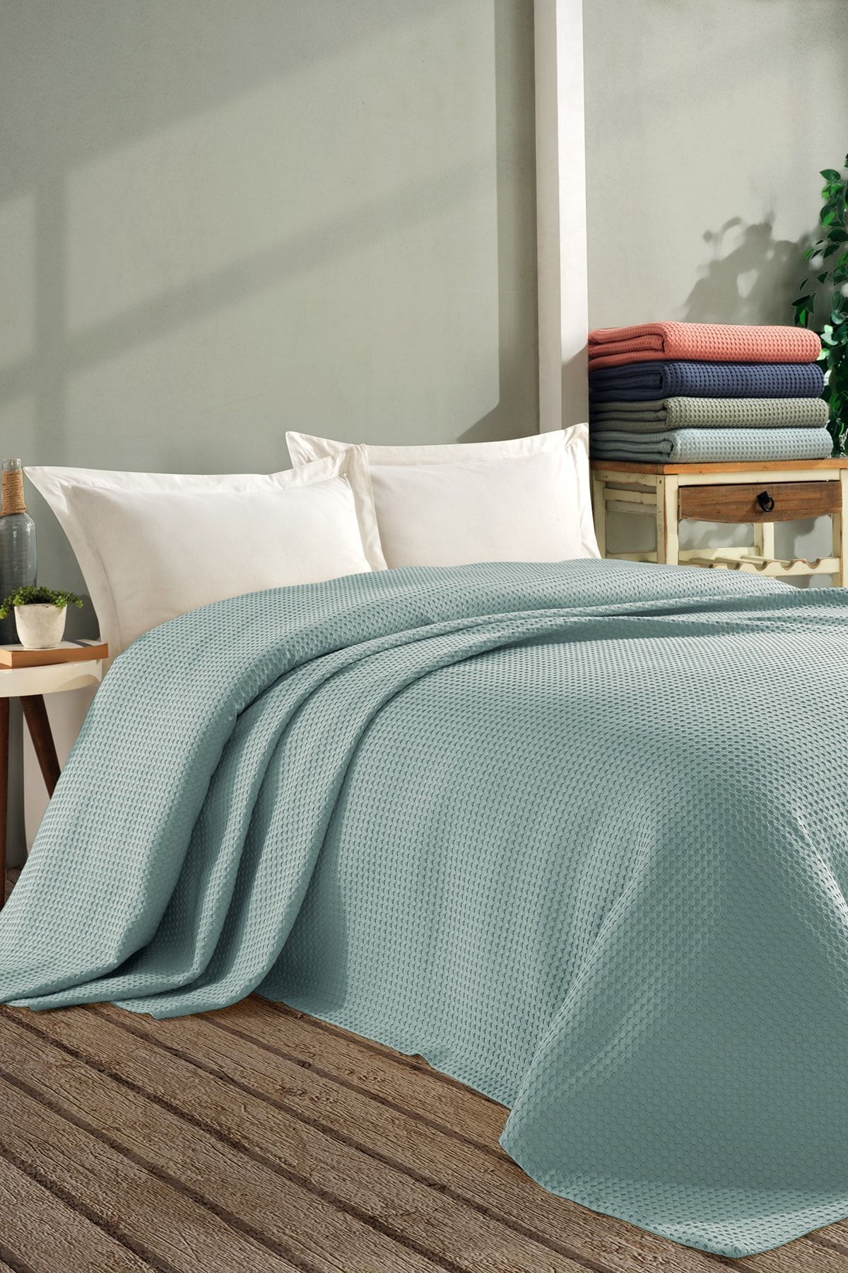 Cote Blanc Pătură Unică Albastră, 100% Bumbac, Piqué Cu Vafe - 160x260 - One Size