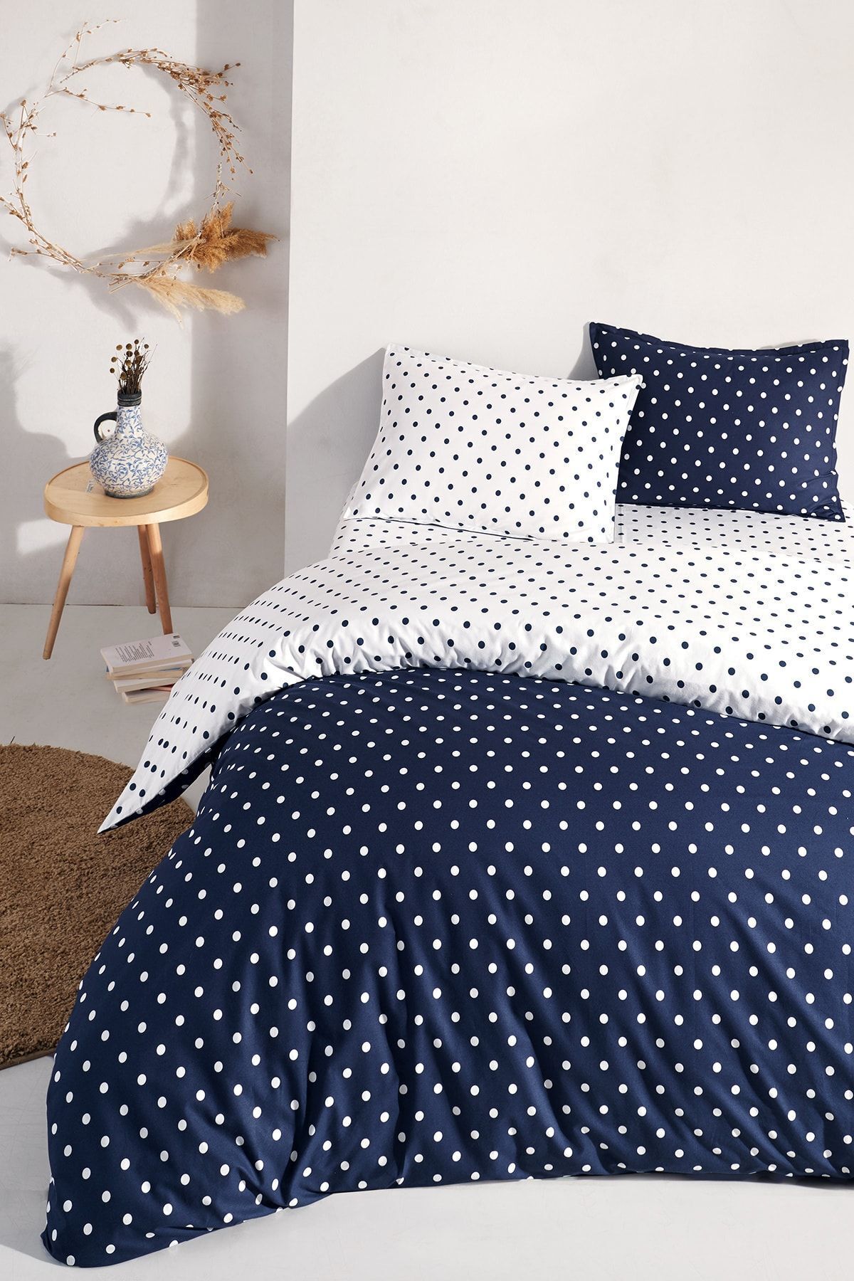 Cote Blanc Dots Mavi %100 Pamuk Battal Boy Çift Taraflı Nevresim Takımı 2