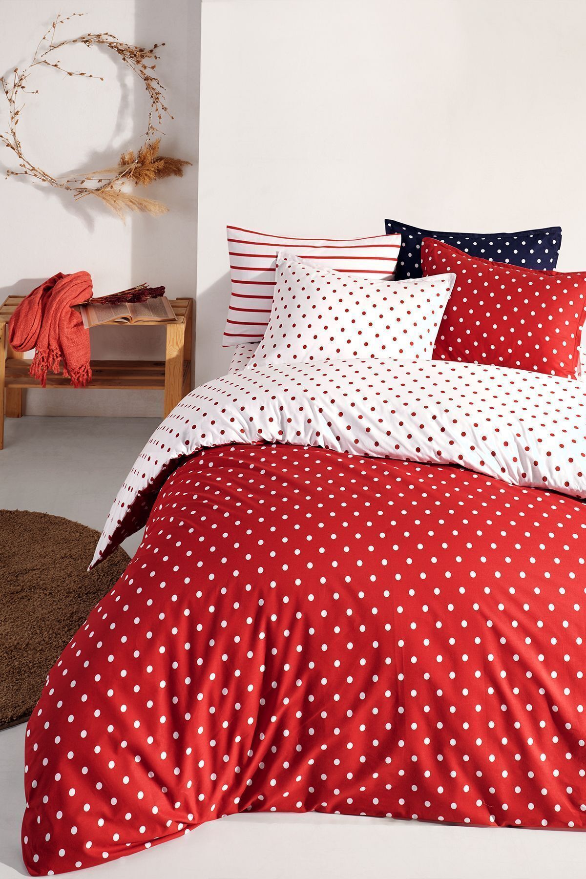Cote Blanc-Red Dots Single Double Sided 100% Cotton Duvet Cover Set 4