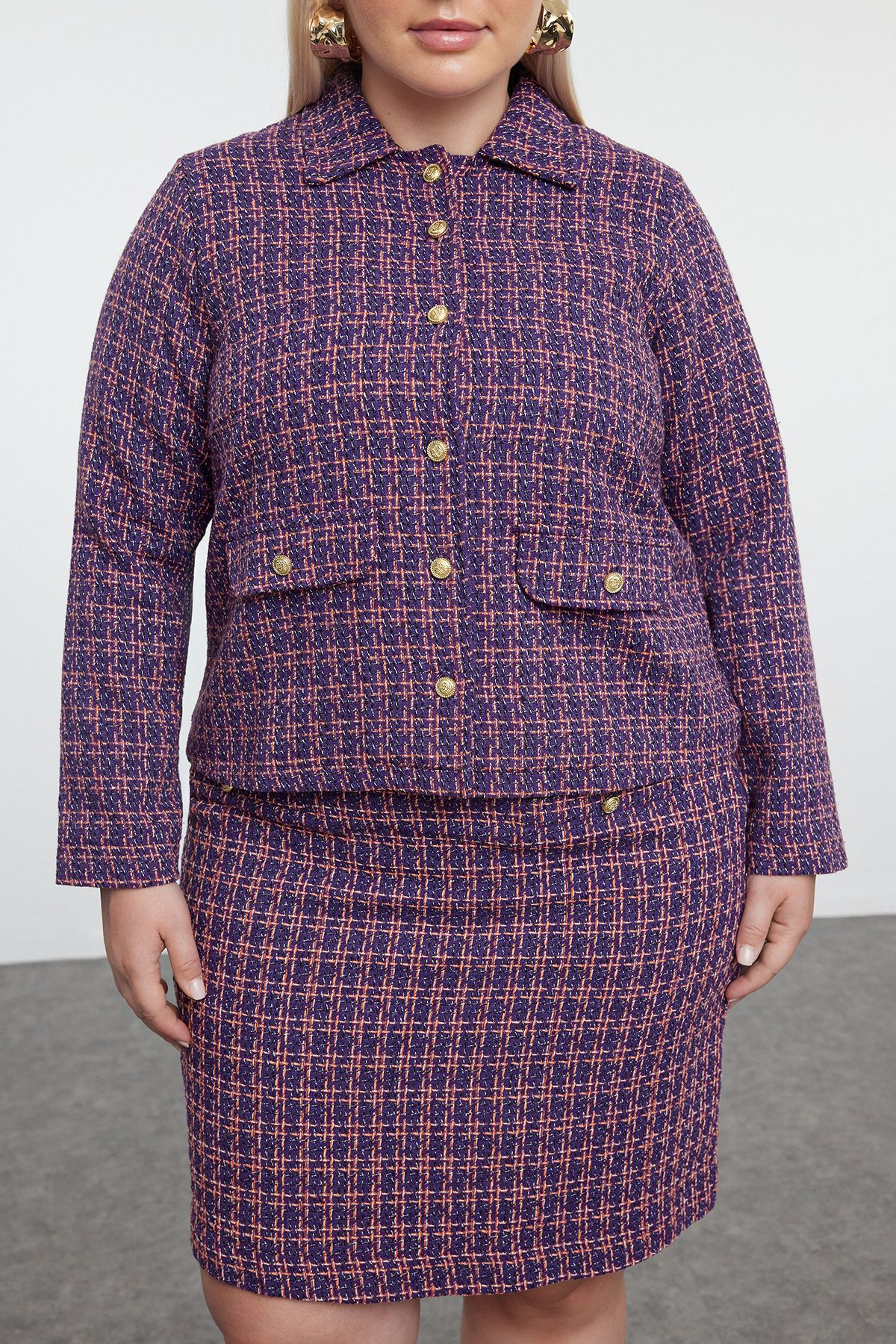 Trendyol Curve-Purple Buttoned Plaid/Checkered Tweed Woven Large Size Women's Jacket 4