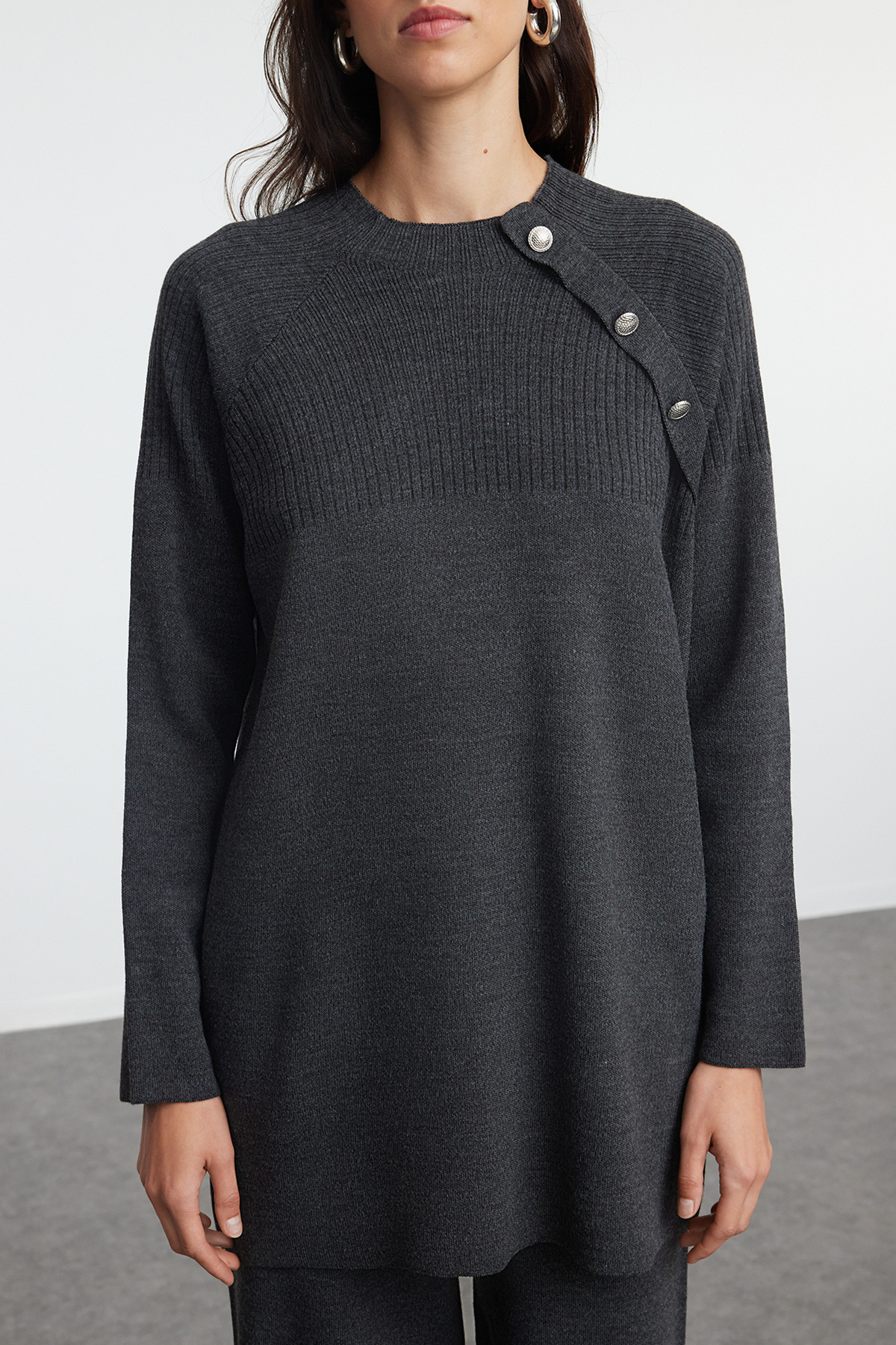 Trendyol Modest-Anthracite Knitwear Top and Bottom Set - Button Detailed TCTAW24US00042 3