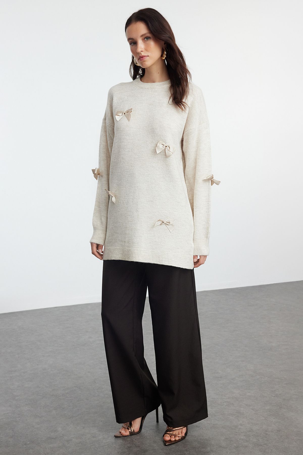 Trendyol Modest-Knitwear Sweater - Stone Color, Bow Detail, TCTAW25AK00054 2