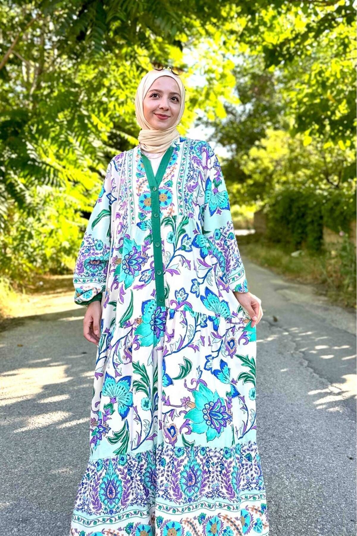 Yeşil Viskon Baskılı Salaş Elbise Uzun Katleya Desen