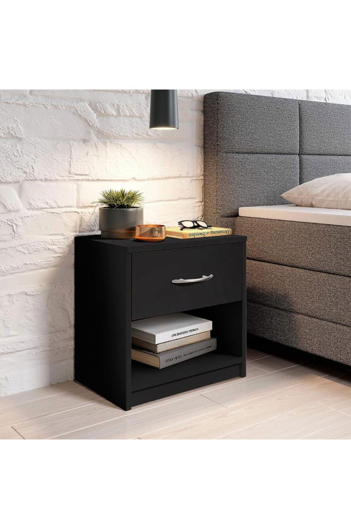 Modern home-Modern Black Nightstand with Drawer and Shelf Storage - Stylish and Compact Side Table 1