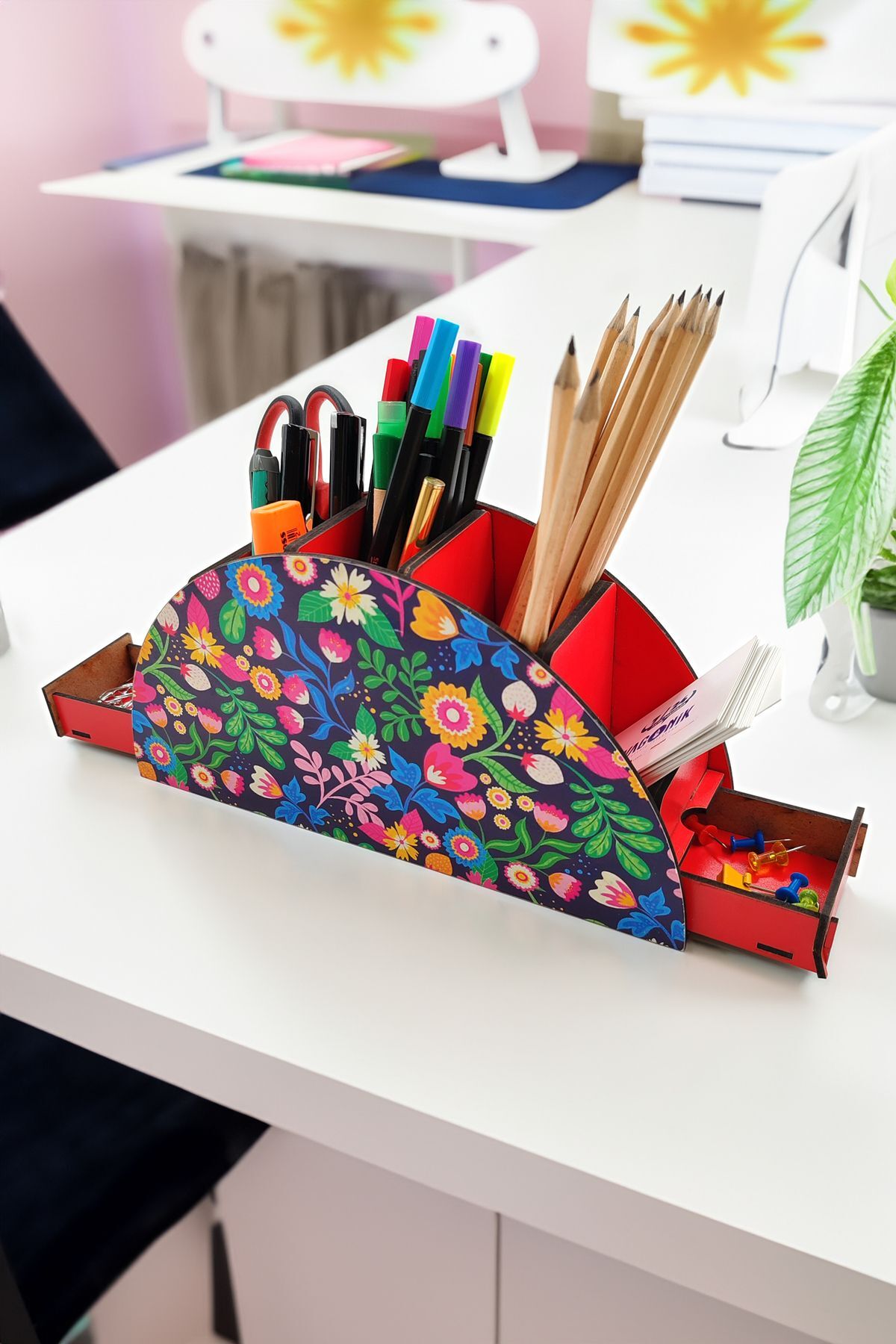 Vagonik Dekoratif Ahşap Masa Üstü Çekmeceli 7 Gözlü Kalemlik Organizer