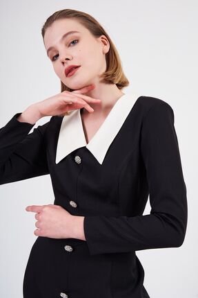 SevdeUgur Kadın Siyah Taş Düğmeli Midi Elbise / Collection