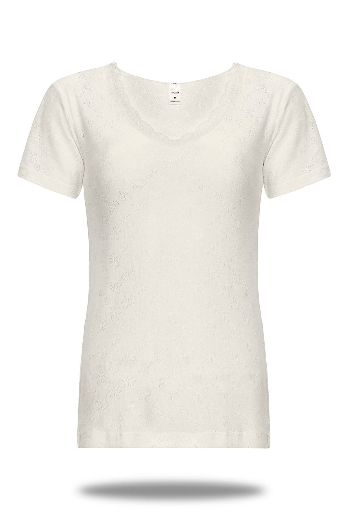FSM1453-Women's Cotton Ribbed Round Neck Short Sleeve Undershirt Lace Undershirt 2