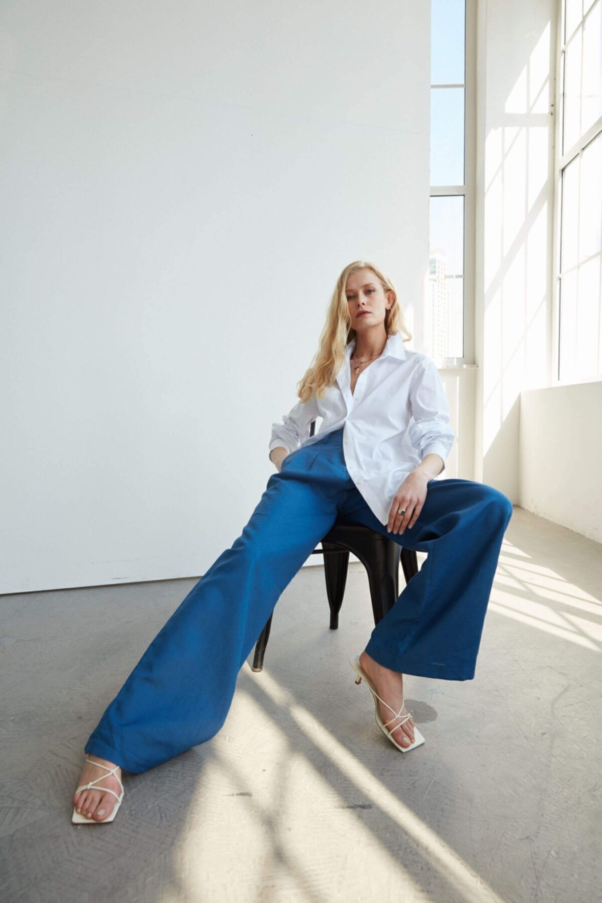 VATKALI-Leinenhose mit weitem Bein, Marineblau 3