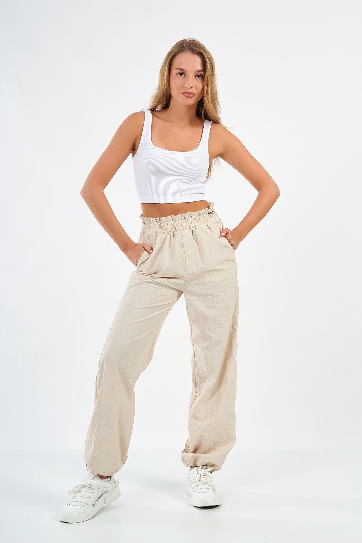 SevdeUgur-Women's Cream Parachute Pants - CargoJoggerPants, Collection 3
