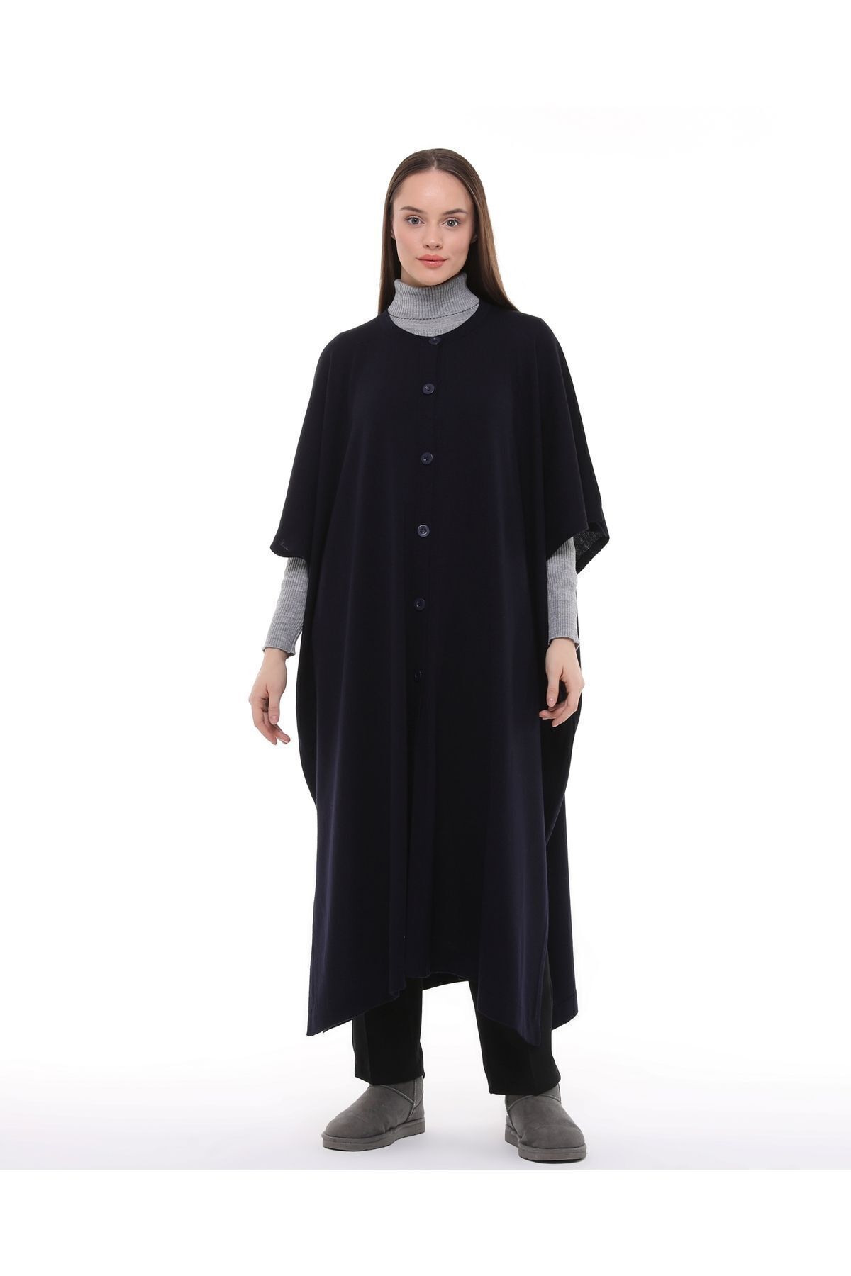 ilmek Kadın Lacivert Düğmeli Uzun Salaş Kışlık Triko Panço