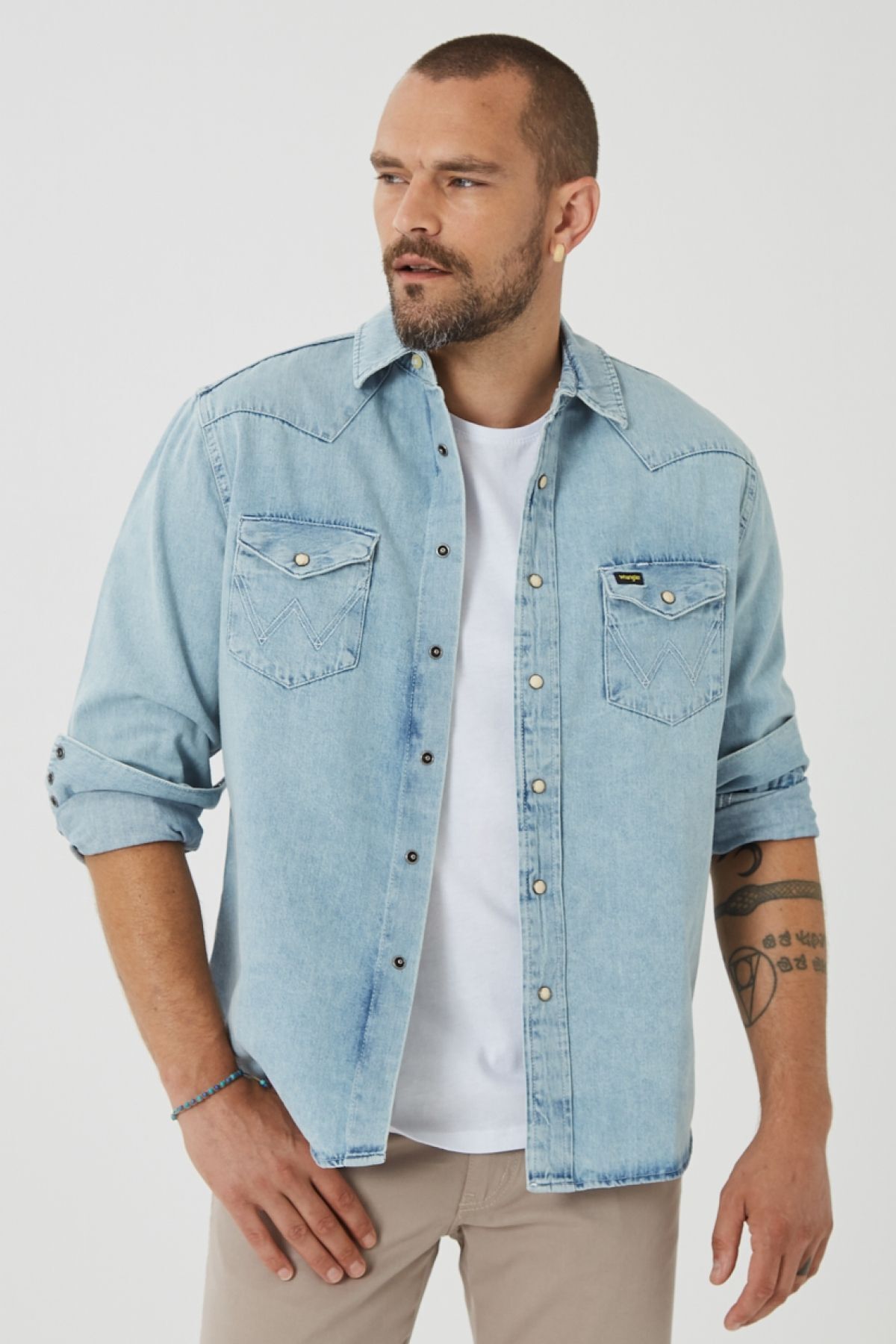 پیراهن / بلوز دکمه دار آبی مردانه جین ژان به طور منظم و معمولی مناسب Wrangler