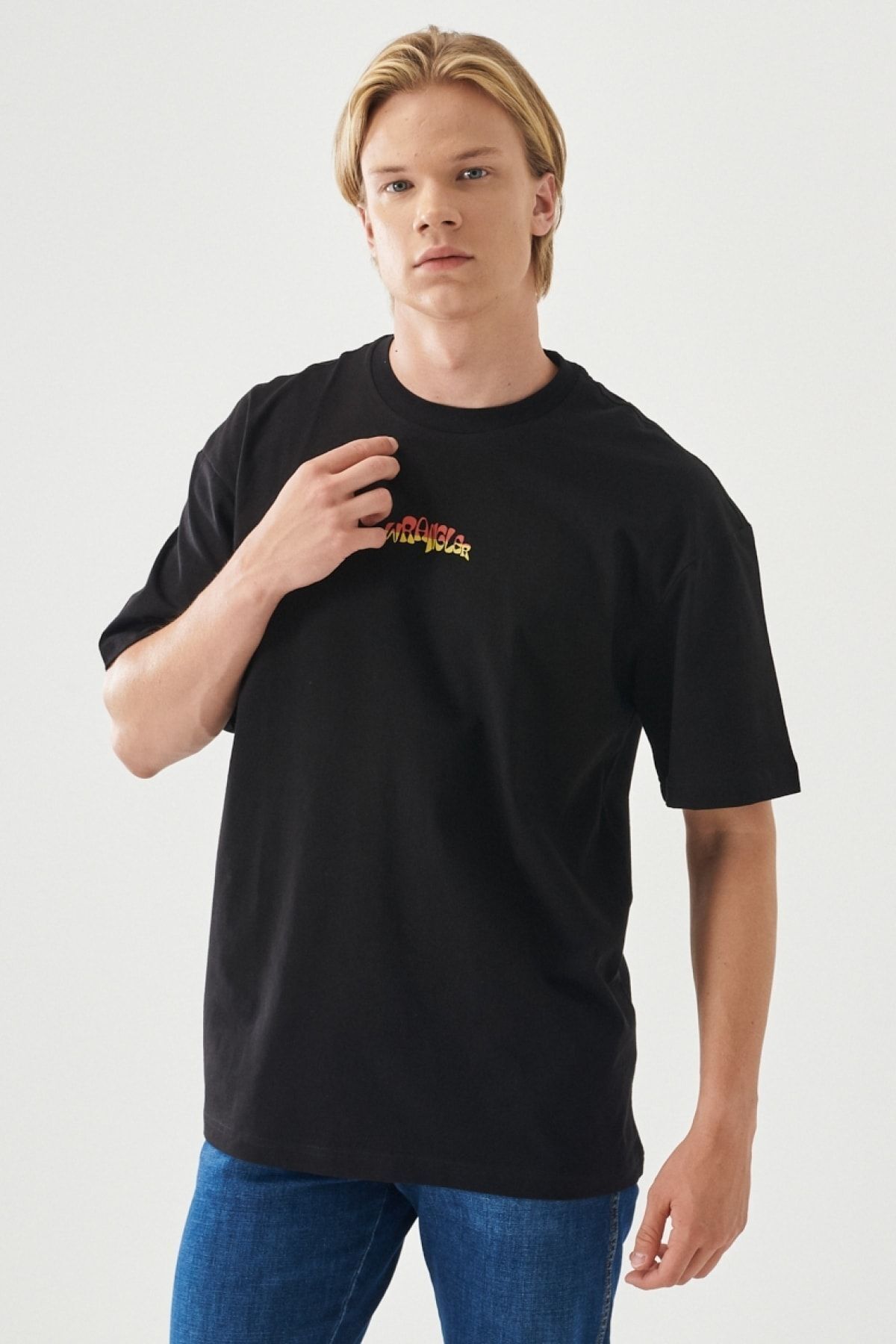 تی شرت مشکی مردانه یقه دوچرخه بریده شده آرام و شل 100 ٪ پیراهن سیاه پنبه Wrangler
