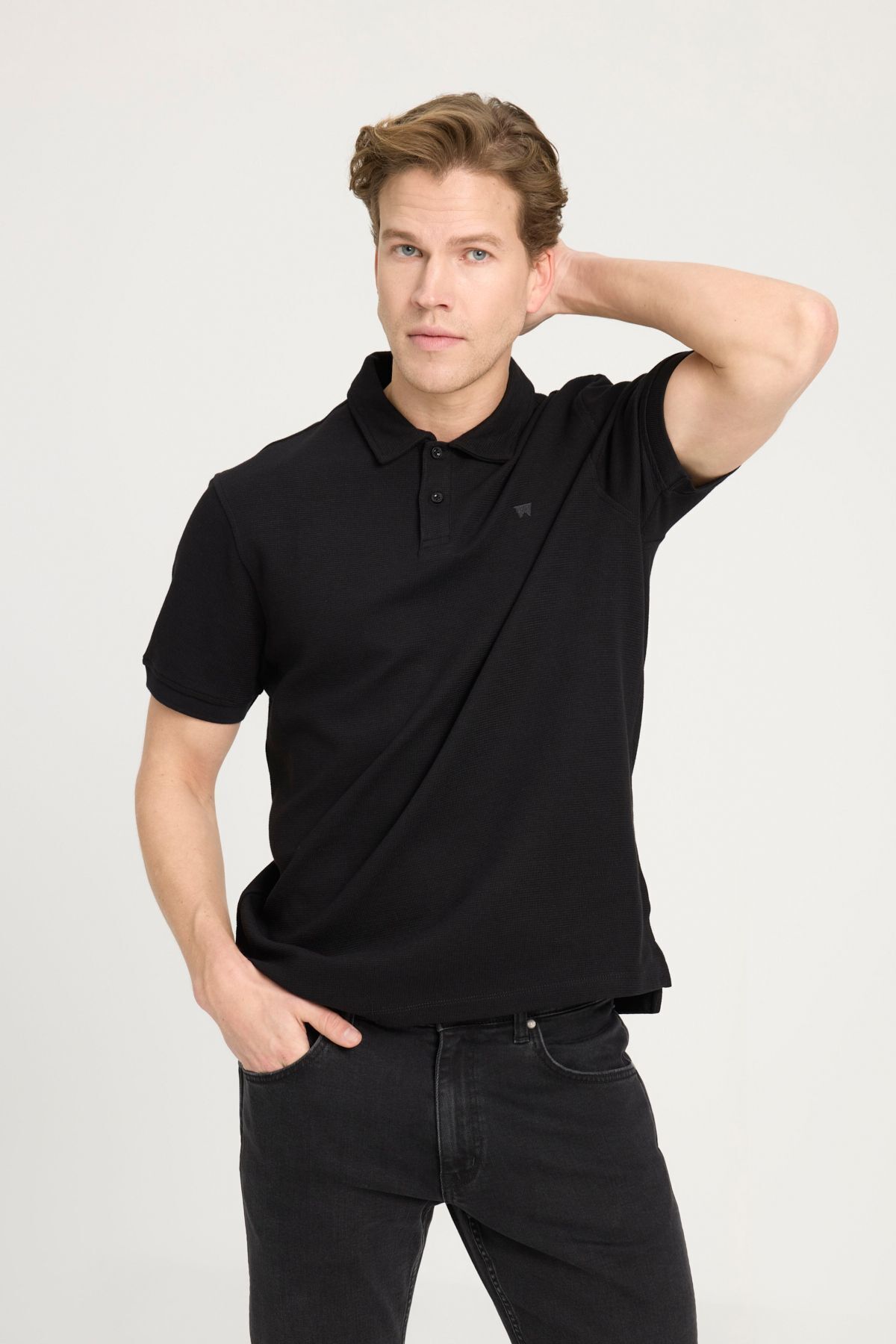 تی شرت یقه پولو مشکی مردانه به طور منظم مناسب و معمولی برش سیاه yaka t shirt Wrangler