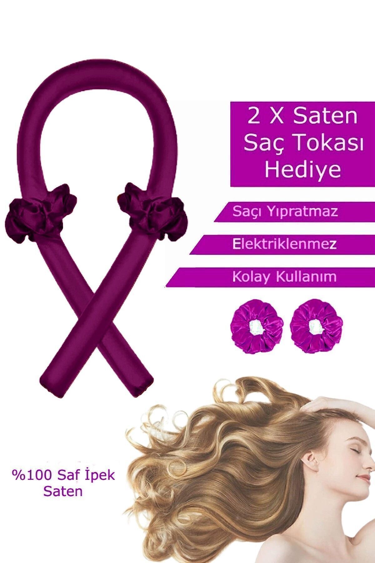 Deko Dekor Isısız Saç Şekillendirme Seti Lila Saten Saç Sosisi Saç Bigudisi Seti Saç Şekillendirici Saç Bandı