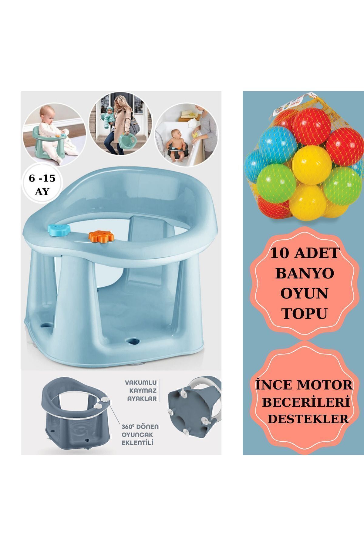 Zuu Baby Bebek Banyo Oturağı - Vakum Tabanlı Bebek Mama Oturağı - Bel Destekli Vakumlu Mama, Mavi 10 Top