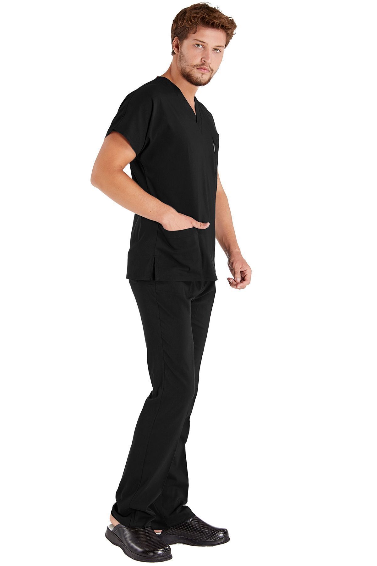 Scrubs Flex-Tricou chirurgical și costum de asistentă pentru bărbați din țesătură groasă neagră - Lycra 3