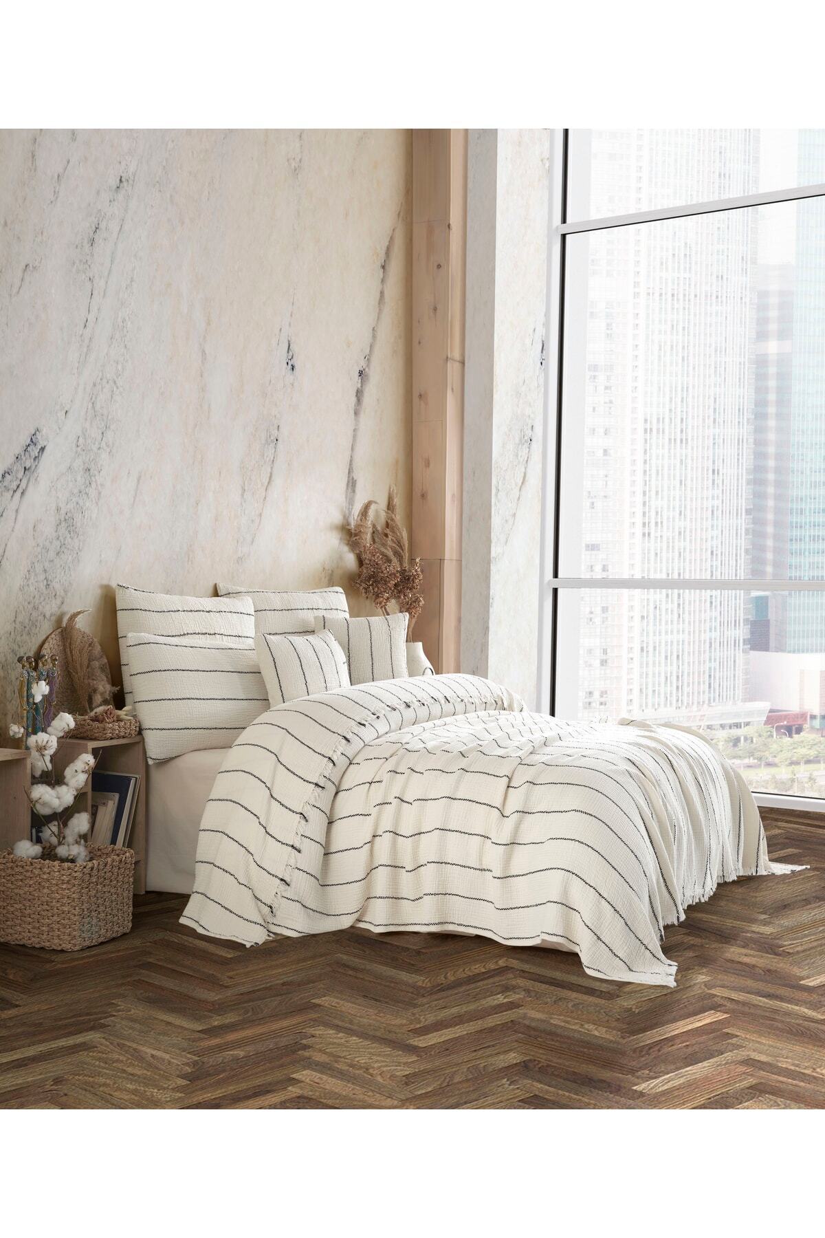 Bej Etnik Desenli Naturel 4 Katlı Muslin %100 Pamuk Tek Kişillik Yatak Örtüsü/Pike 160x240cm 3