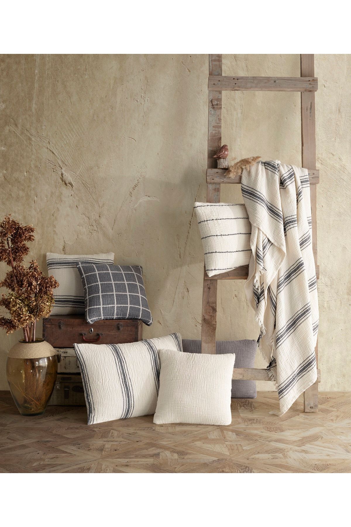 destinyhometex Bej Bohem Desenli Naturel 4 Katlı Muslin %100 Pamuk Tek Kişillik Yatak Örtüsü/Pike 160x240cm