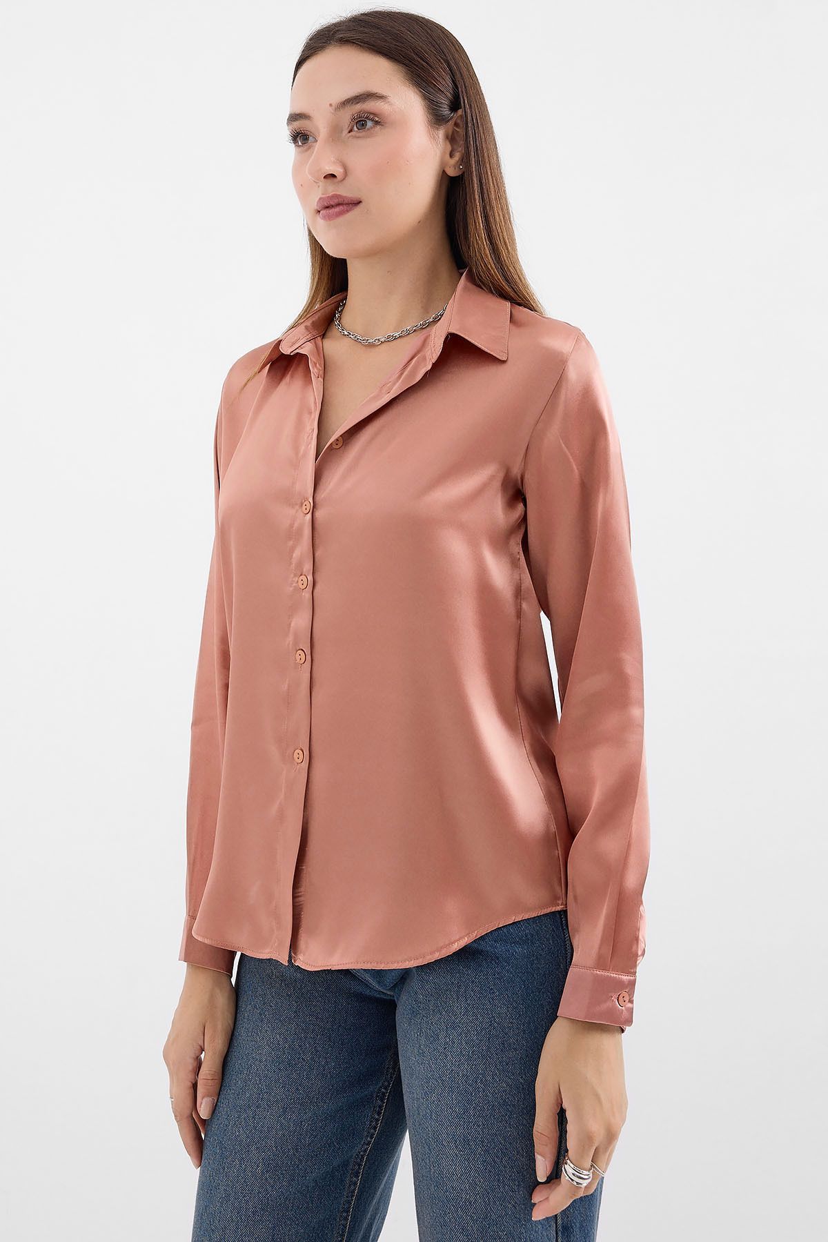 Bigdart-3964 Lightly Flowing Satin Shirt - Camel 2