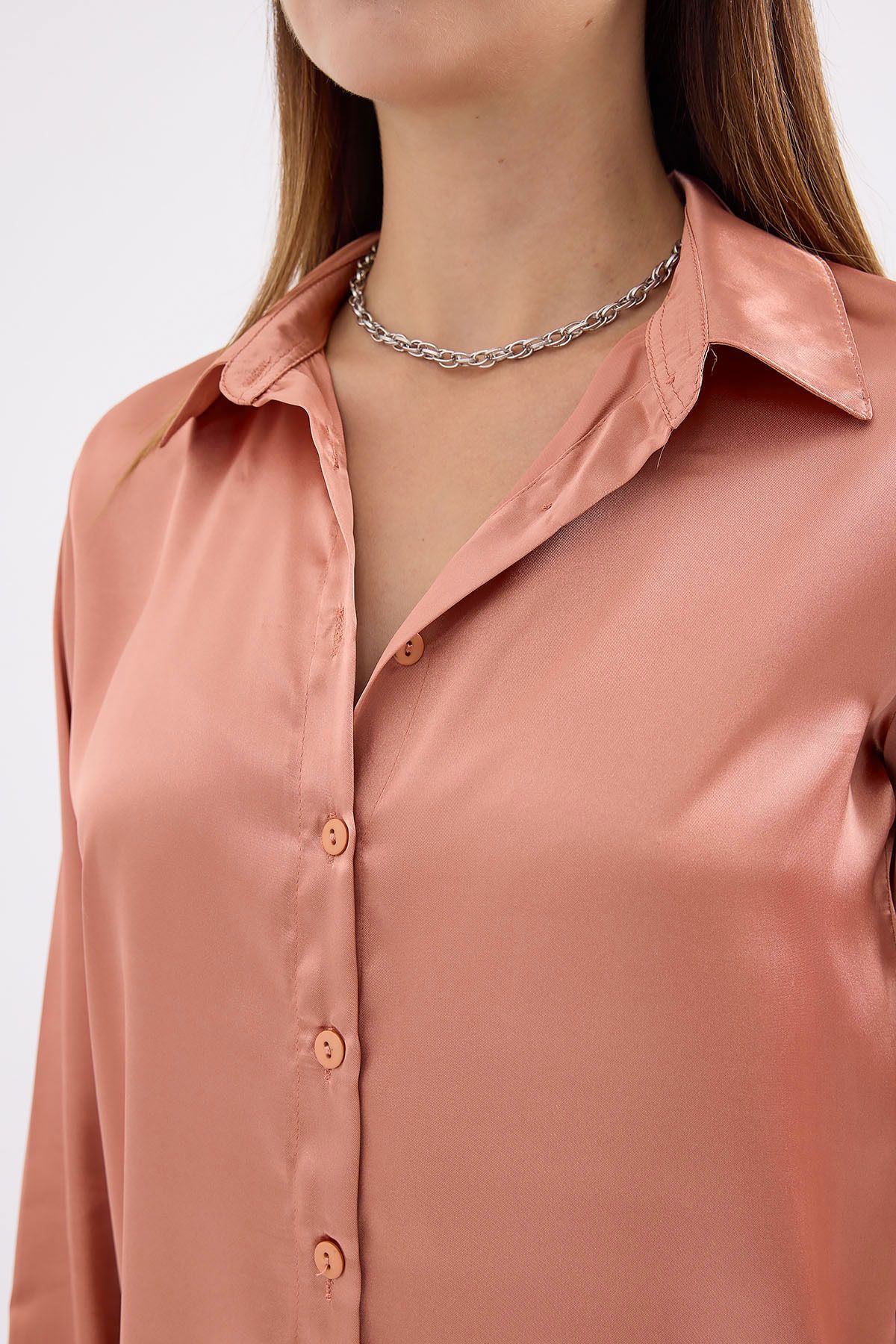 Bigdart-3964 Lightly Flowing Satin Shirt - Camel 4
