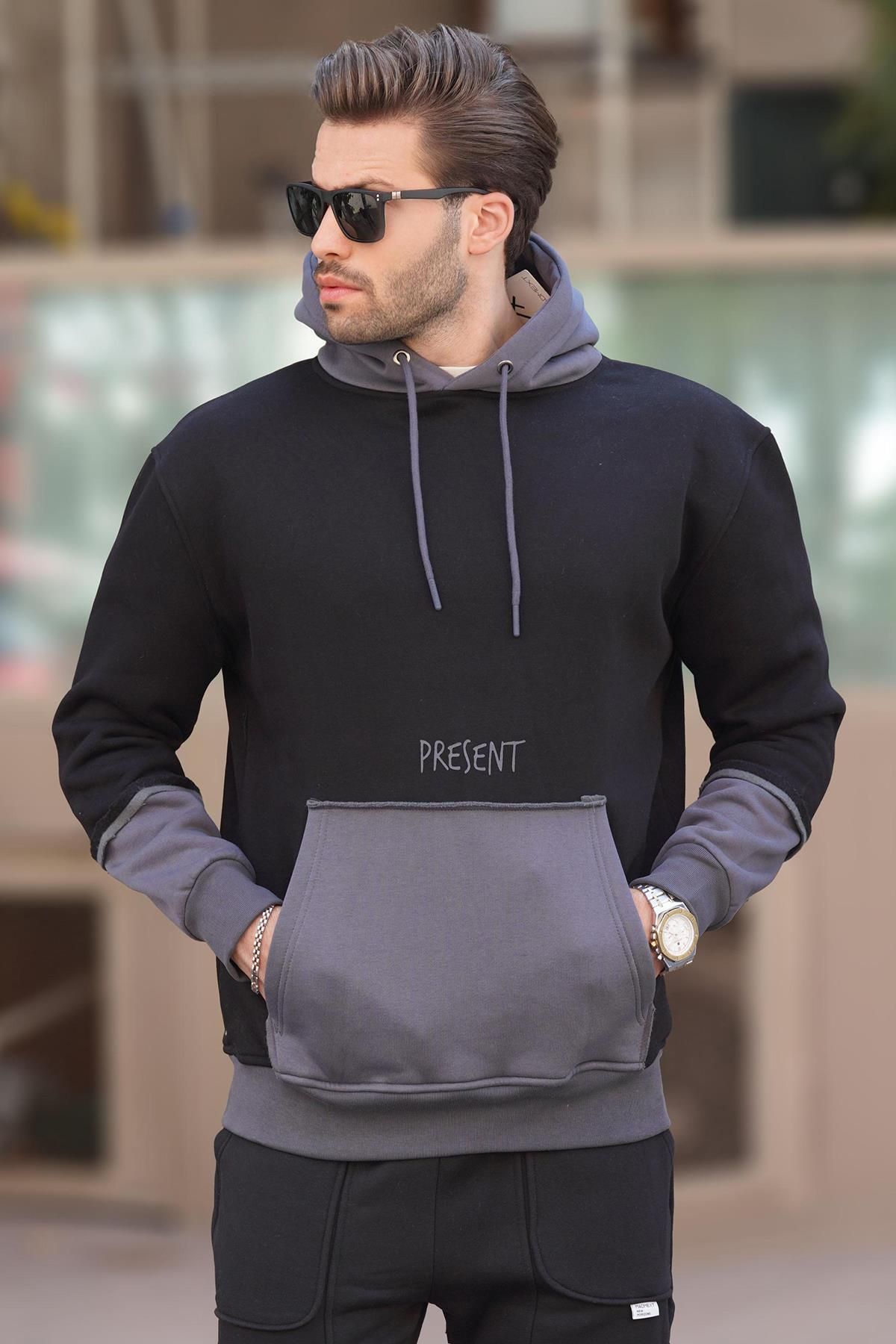 سویشرت مردانه کلاهدار قهوه ای تلخ با جزئیات جیب چاپ شده